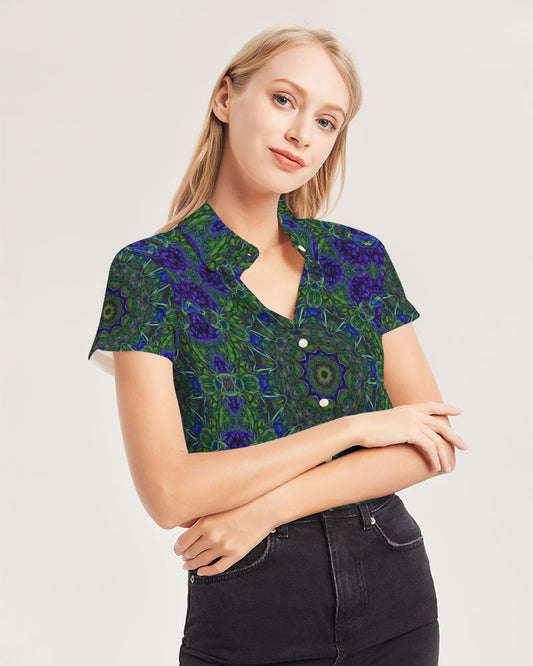 blue Green Ribbon Kaleidoscope Women's Short Sleeve Button Up