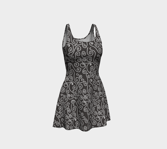 White Swirls On Gray Flare Dress