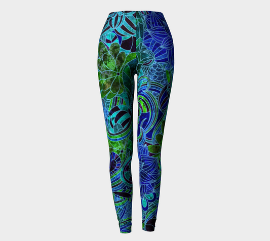 Blue Green Floral Pattern Leggings