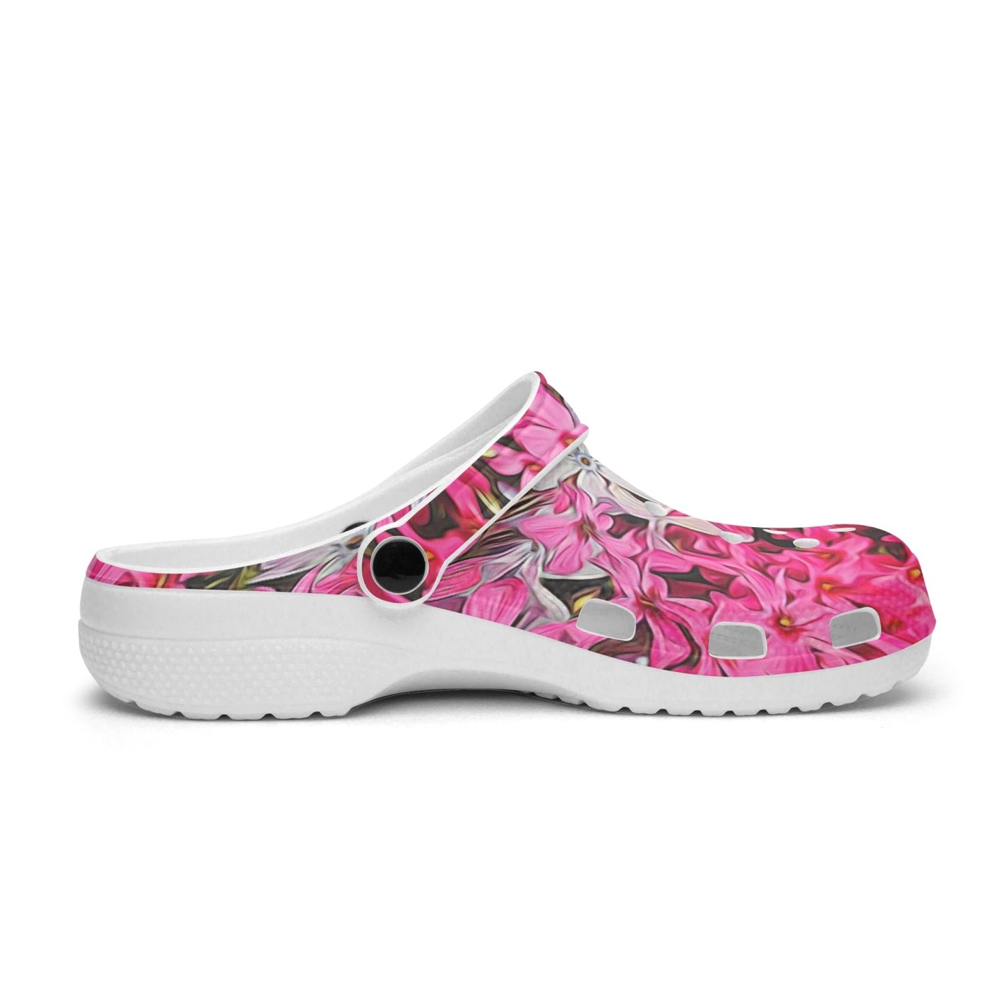 Pink and White Phlox 413. All Over Printed Clogs