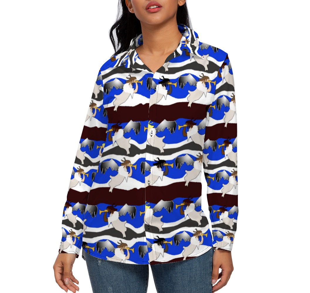 Angels Pattern Custom All Over Print Women's Long Sleeves Shirt with Button