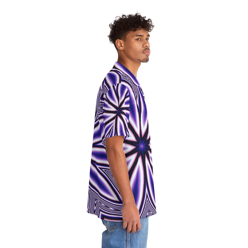 Blue Fractal Flower Kaleidoscope Men's Hawaiian Shirt (AOP)