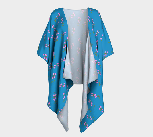 Pink Flower Branches on Blue Draped Kimono