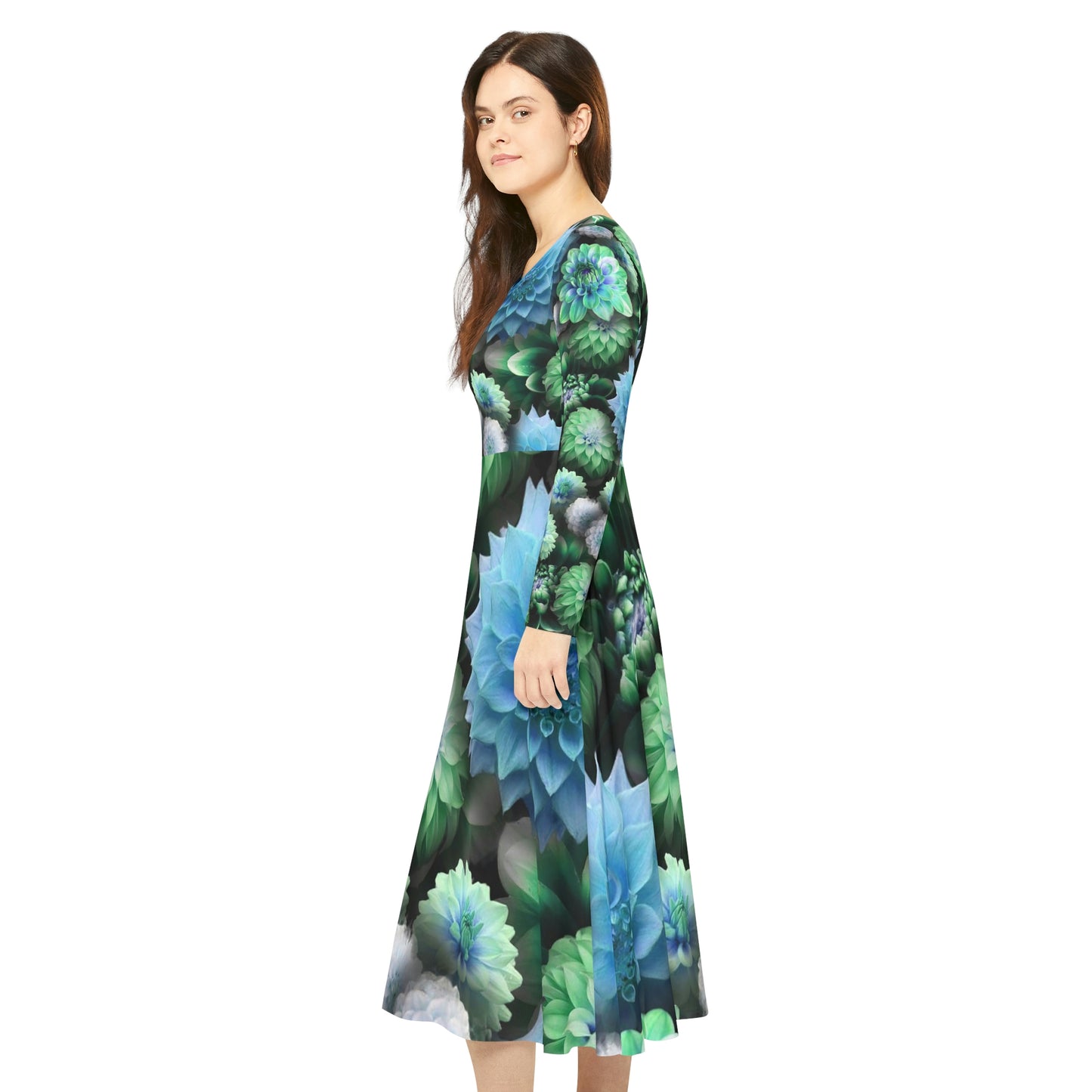 Blue Green Dahlias Collage Women's Long Sleeve Dance Dress (AOP)