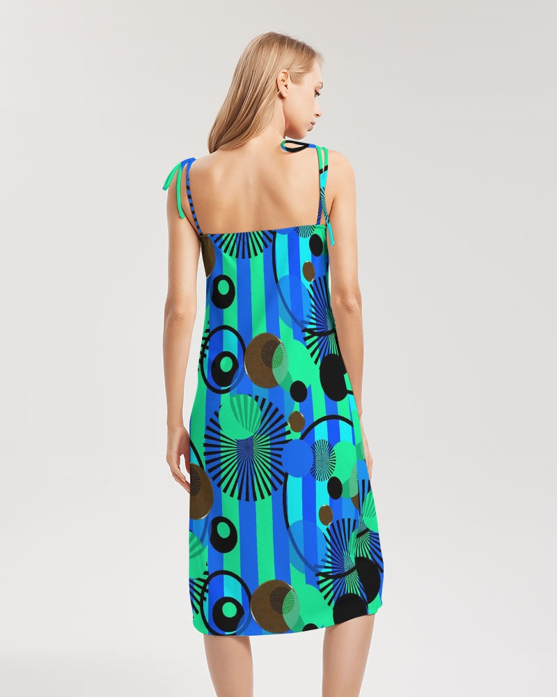 Blue Green Stripes and Dots Women's Tie Strap Split Dress