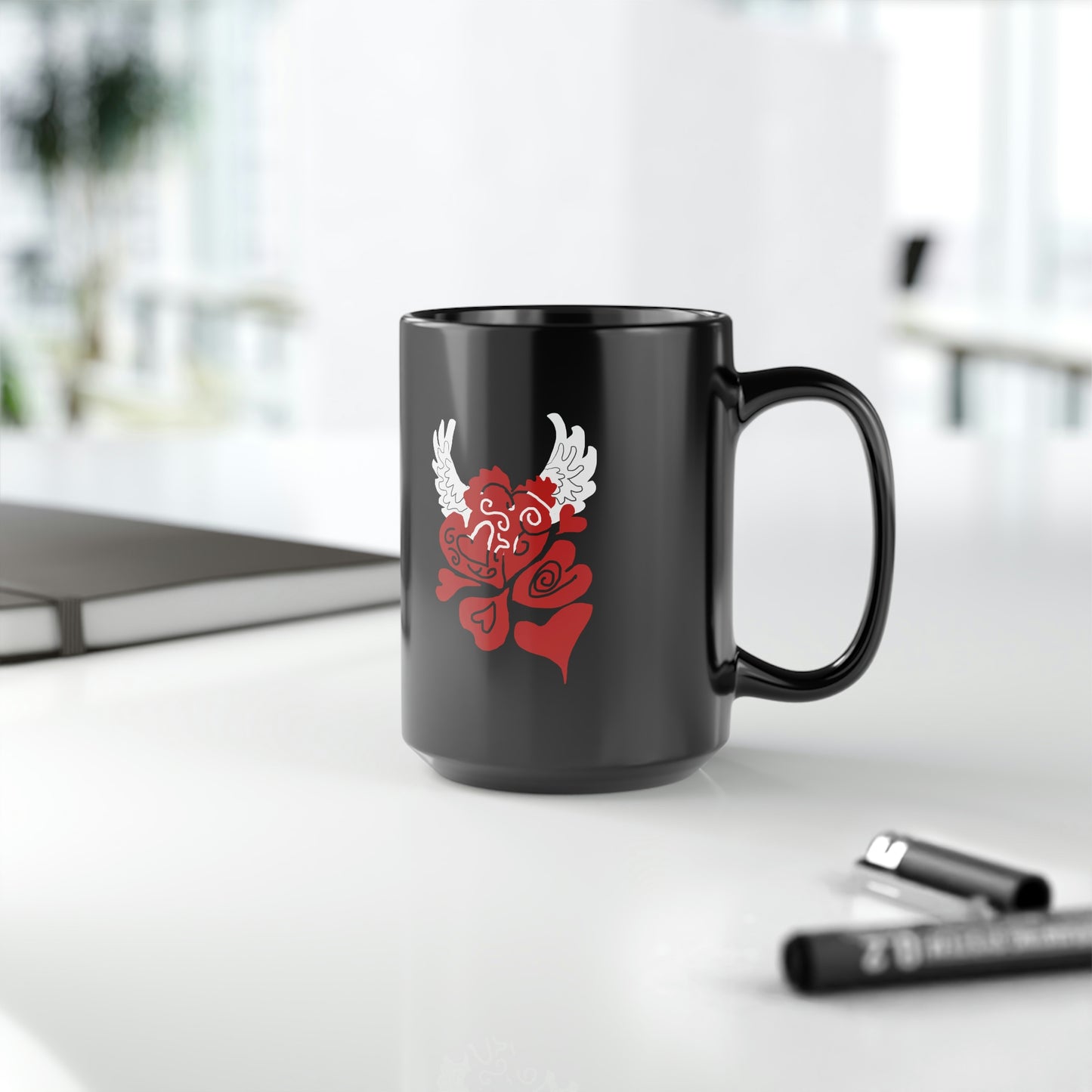 Hearts and Wings Black Mug, 15oz