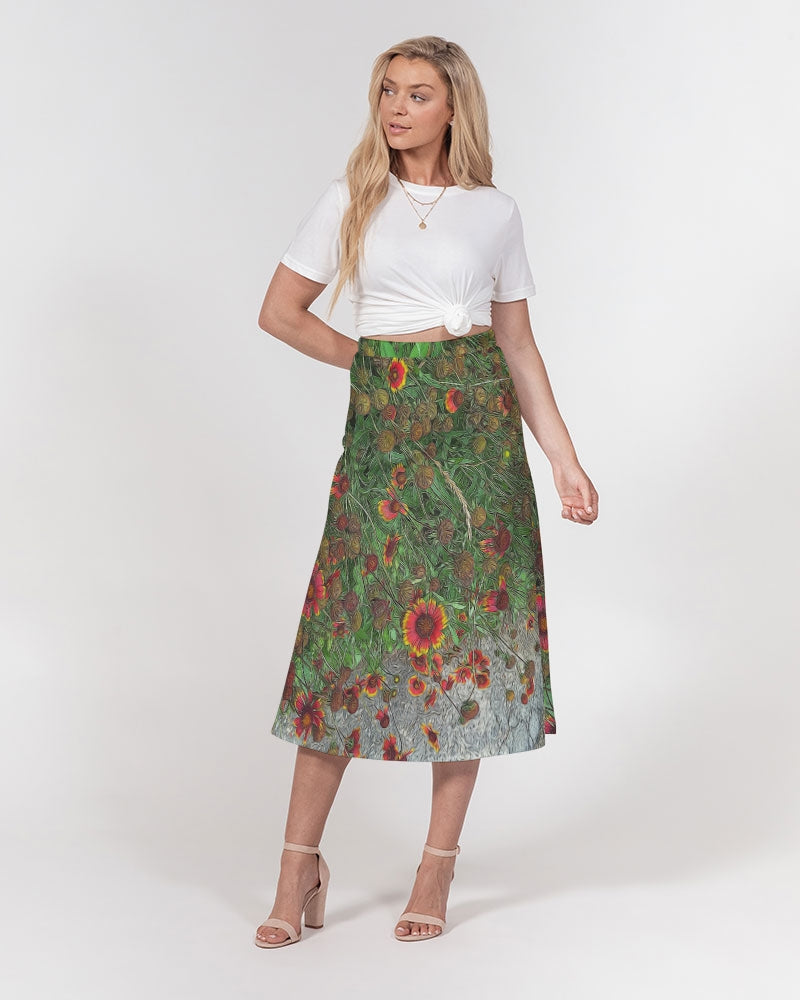 Orange Flower Garden Women's A-Line Midi Skirt