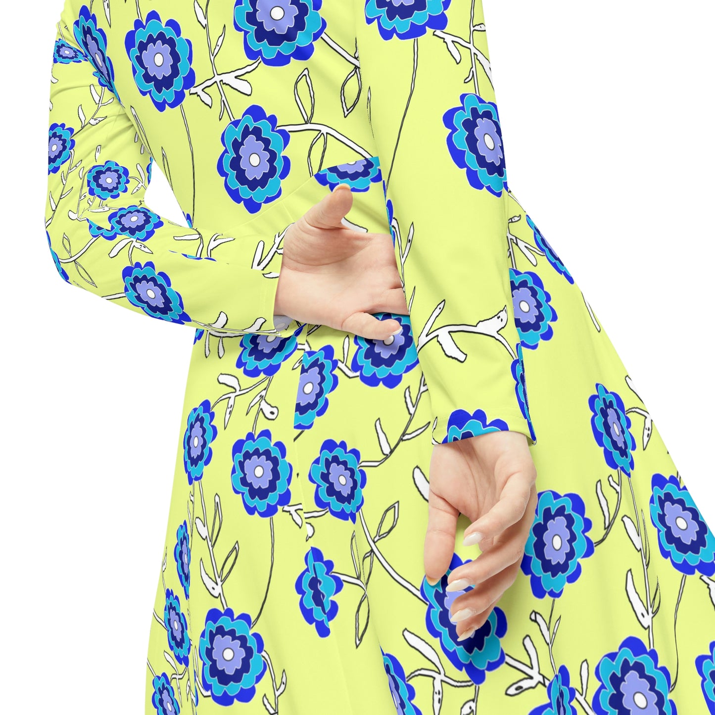 Blue Flowers on Yellow Women's Long Sleeve Dance Dress (AOP)