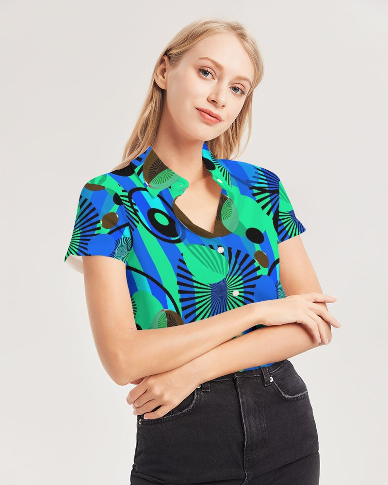 Blue Green Stripes and Dots Women's Short Sleeve Button Up