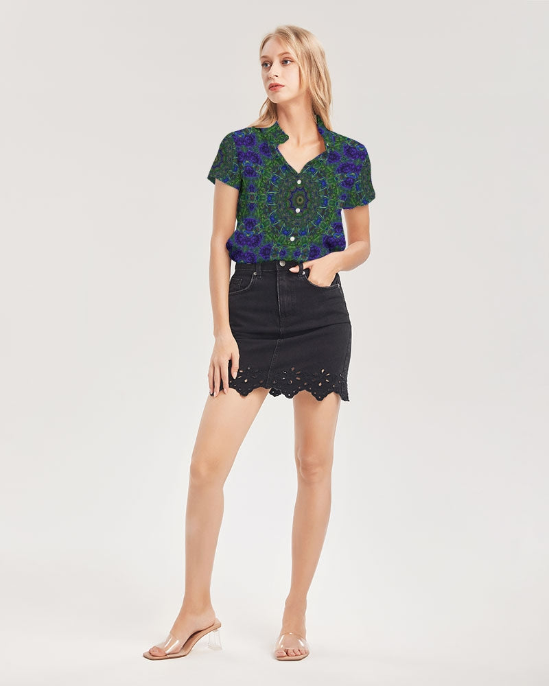 blue Green Ribbon Kaleidoscope Women's Short Sleeve Button Up