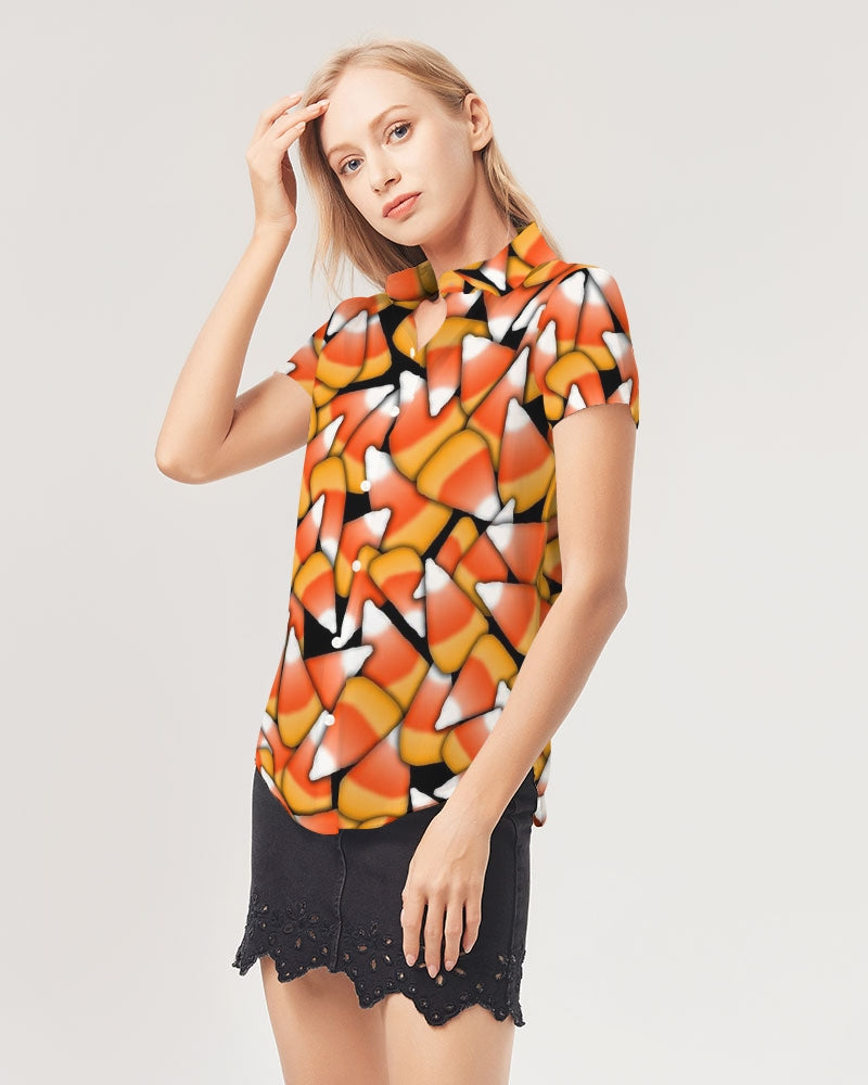 Candy Corn Pattern Women's Short Sleeve Button Up