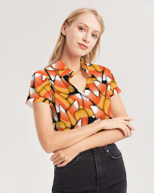 Candy Corn Pattern Women's Short Sleeve Button Up