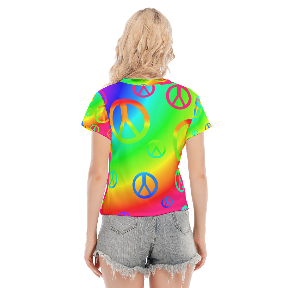 Rainbow Peace Sign All-Over Print Women's Stretch V-Neck Short-Sleeved Blouse