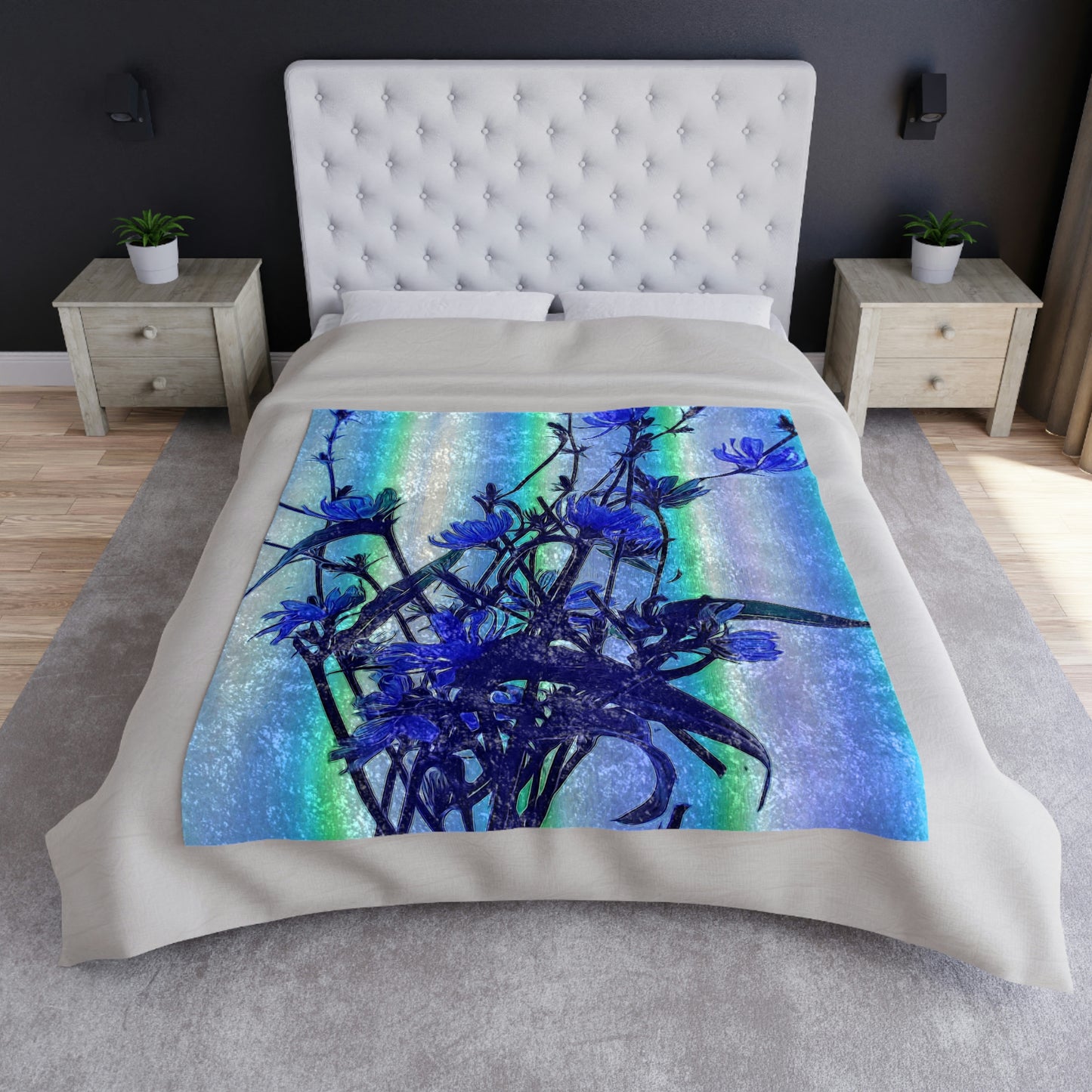 Blue Wildflowers on Backlight Crushed Velvet Blanket