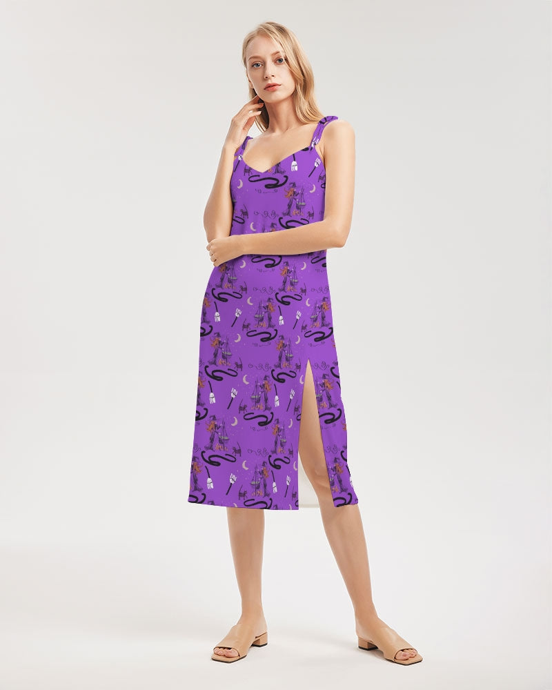 Witch Cat Cauldron Pattern Women's Tie Strap Split Dress