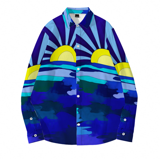 Sunset Along The Lake Custom All Over Print Women's Long Sleeves Shirt with Button