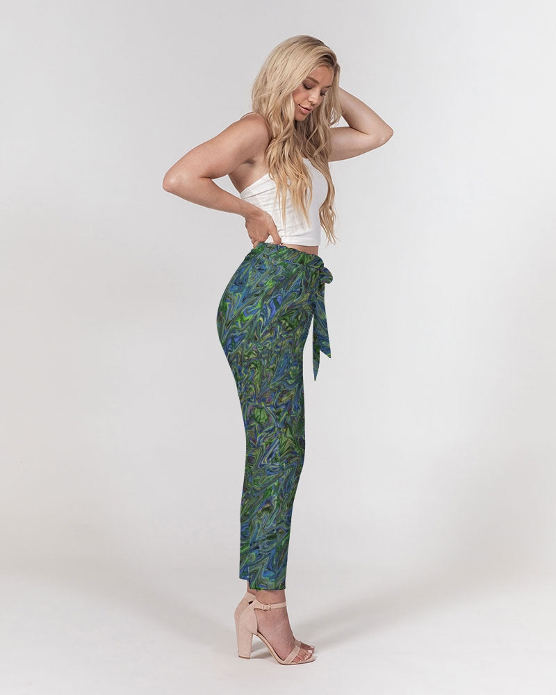 Blue Green Liquid Marbling Women's Belted Tapered Pants