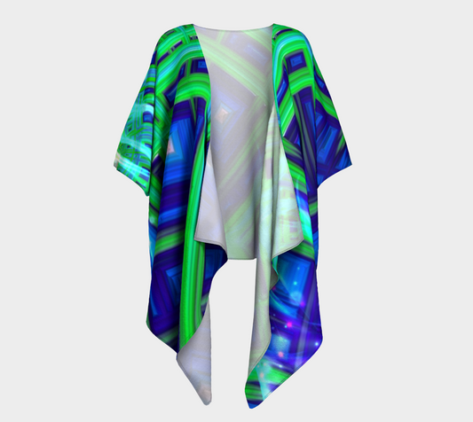 Green Blue Square Fractal Draped Kimono