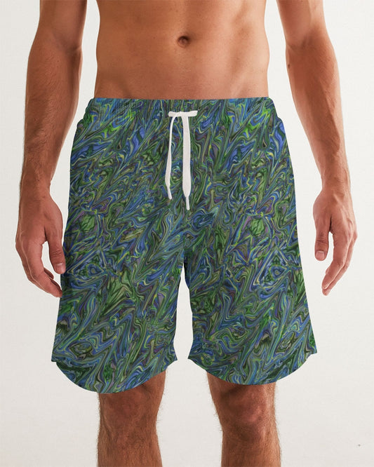 Blue Green Liquid Marbling Men's Swim Trunk
