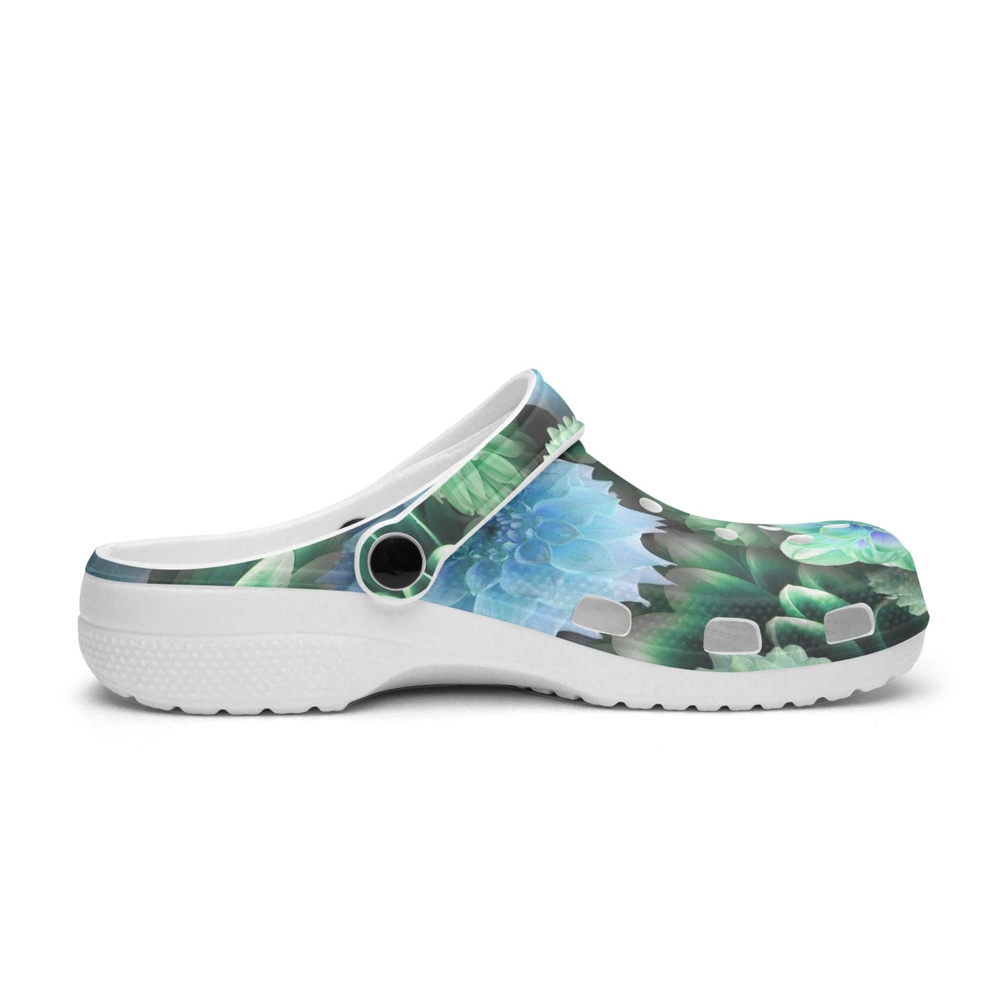 Blue Green Dahlias 413. All Over Printed Clogs