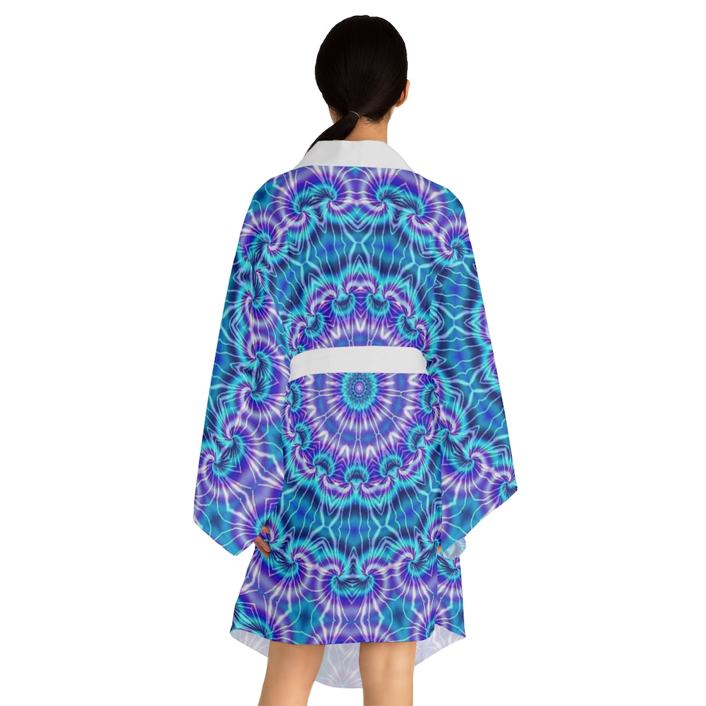 Blue and Purple Tie Dye Kaleidoscope Long Sleeve Kimono Robe