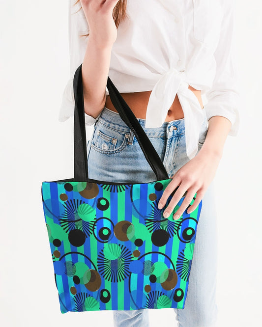 Blue Green Stripes and Dots Canvas Zip Tote