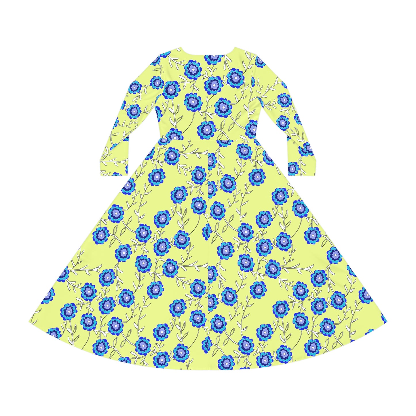 Blue Flowers on Yellow Women's Long Sleeve Dance Dress (AOP)