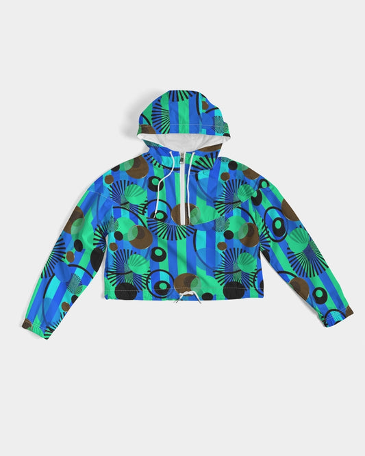 Blue Green Stripes and Dots Women's Cropped Windbreaker