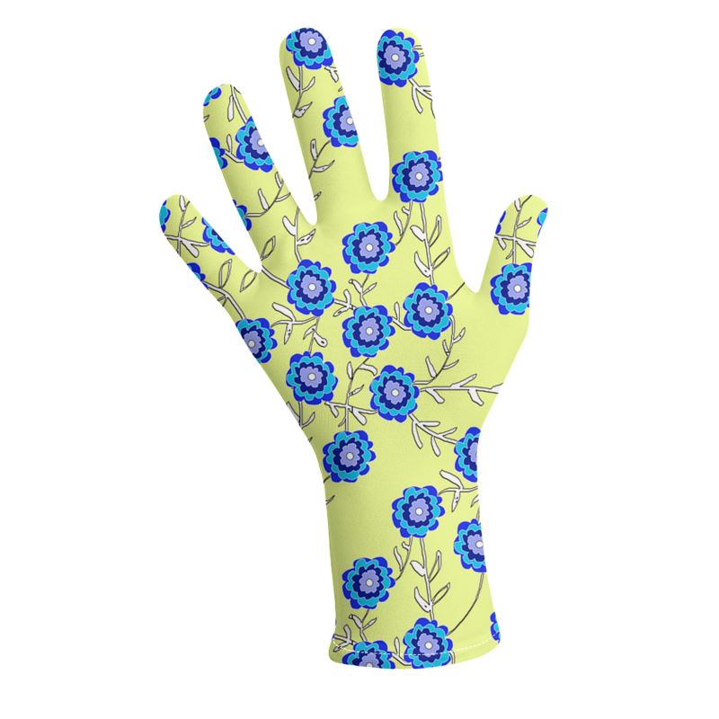 Blue Flowers On Yellow Gloves