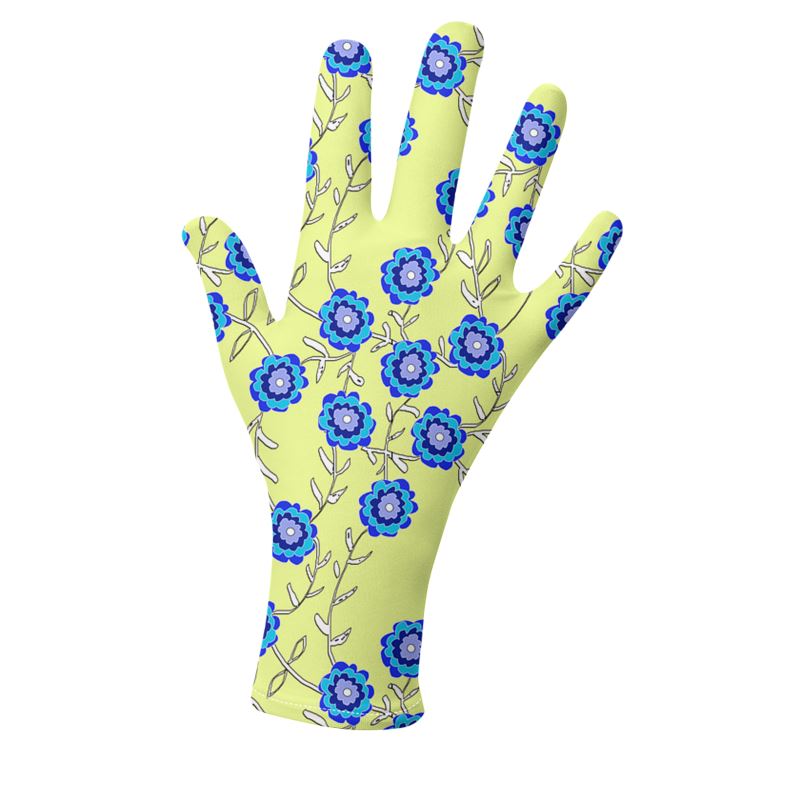 Blue Flowers On Yellow Gloves