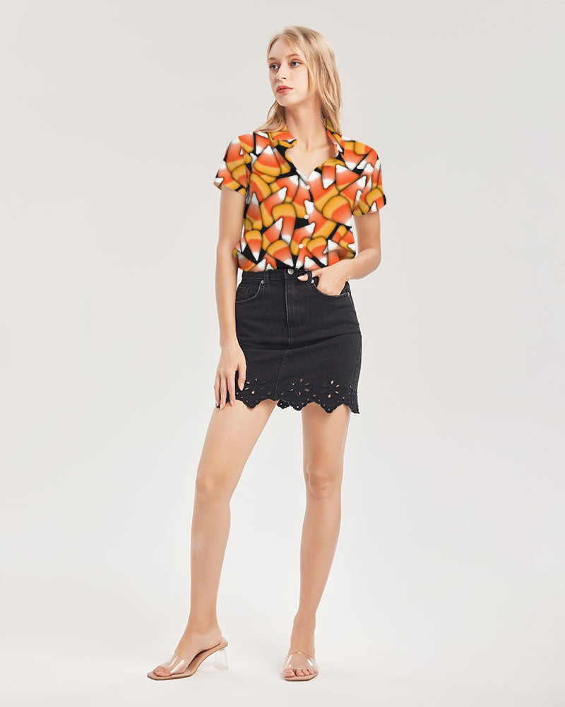 Candy Corn Pattern Women's Short Sleeve Button Up