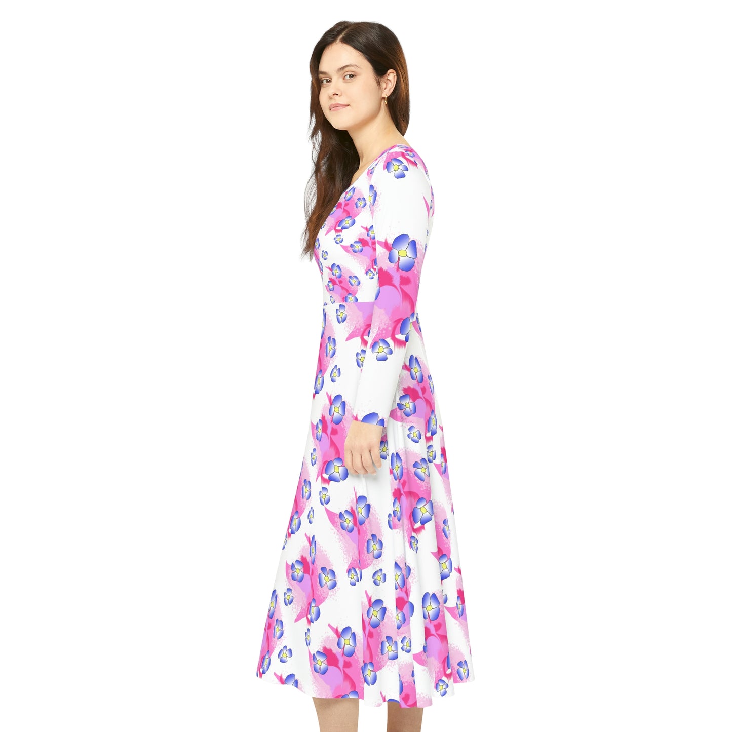 Blue Flowers on Pink Women's Long Sleeve Dance Dress