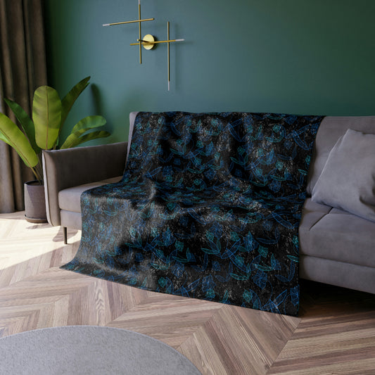 Blue Lillies On Black Crushed Velvet Blanket
