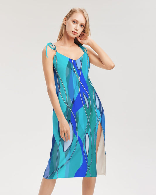 Wavy Blue Women's Tie Strap Split Dress