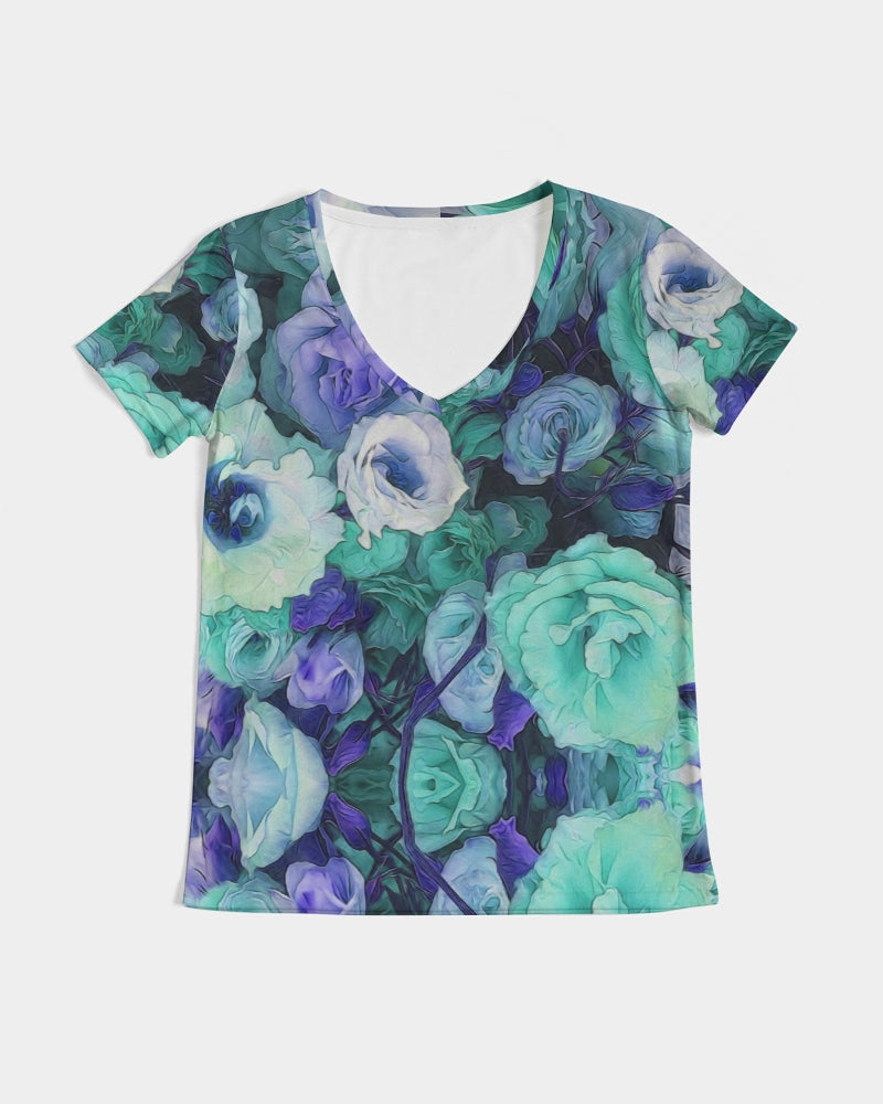 Aqua Flowers Women's V-Neck Tee