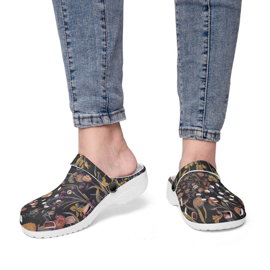 Medieval Flowers On Black 413. All Over Printed Clogs