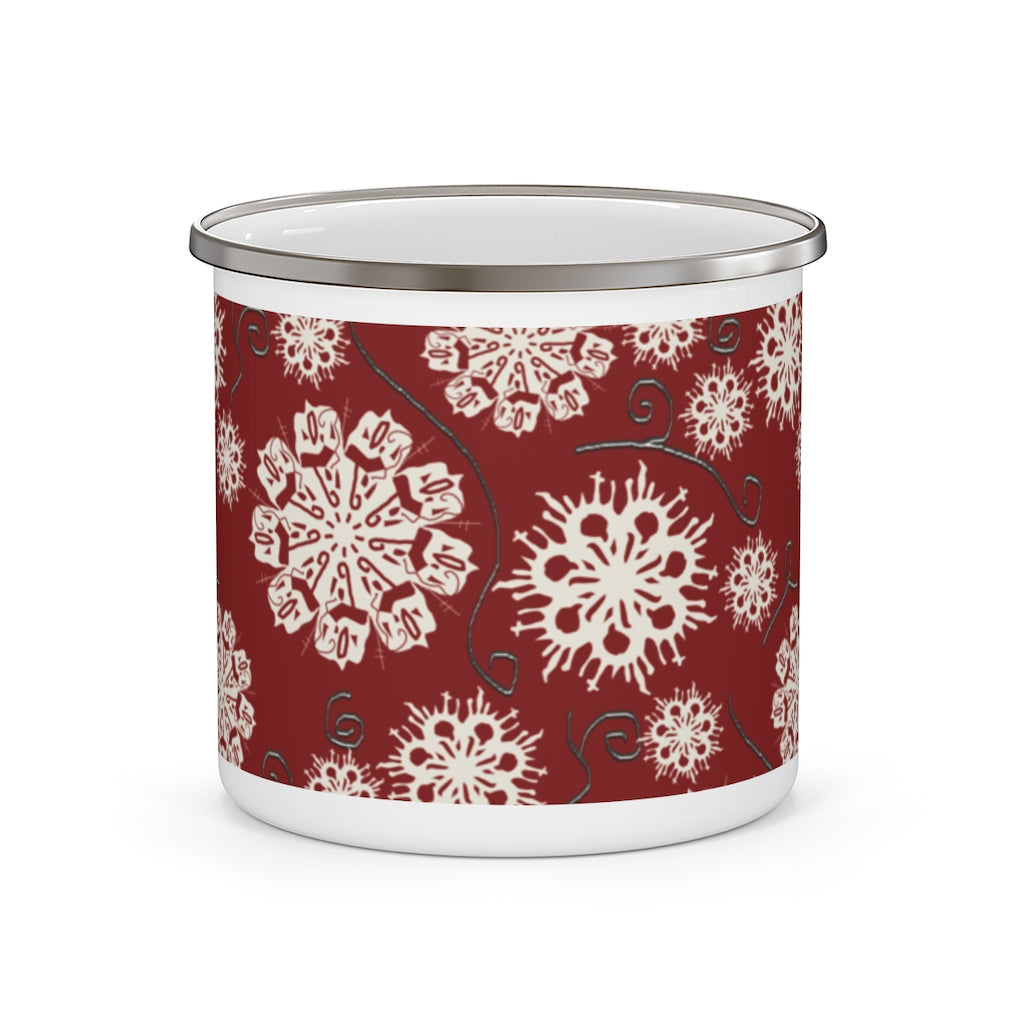 Snowflakes on Red Enamel Camping Mug