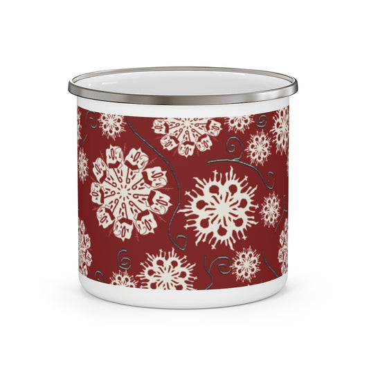 Snowflakes on Red Enamel Camping Mug