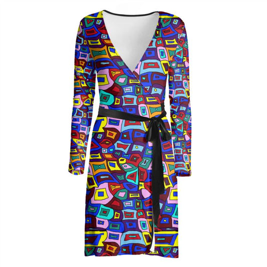 Wavy Squares Pattern Wrap Dress