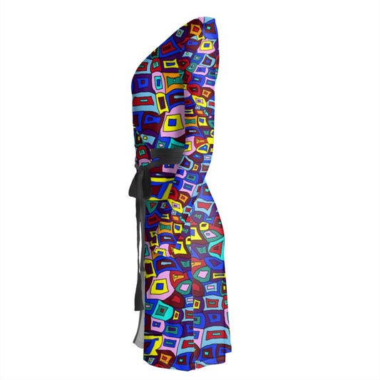 Wavy Squares Pattern Wrap Dress
