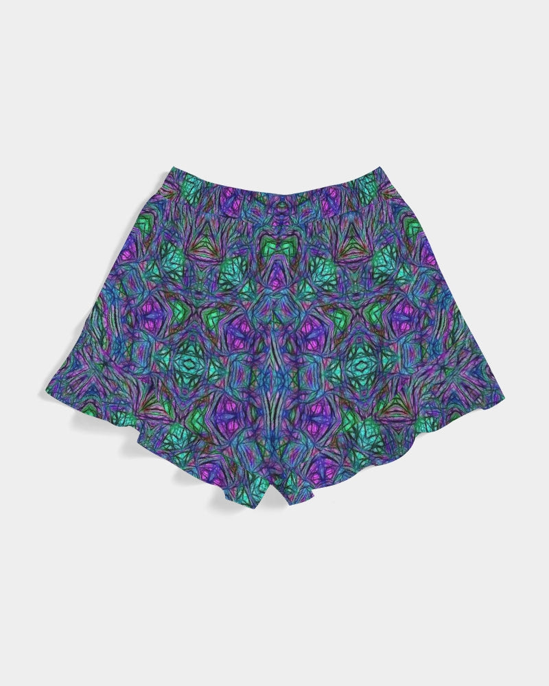 Blue Green Purple Kaleidoscope Women's Ruffle Shorts