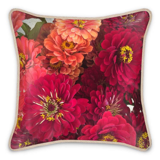 Peach and Pink Zinnias Silk Cushion