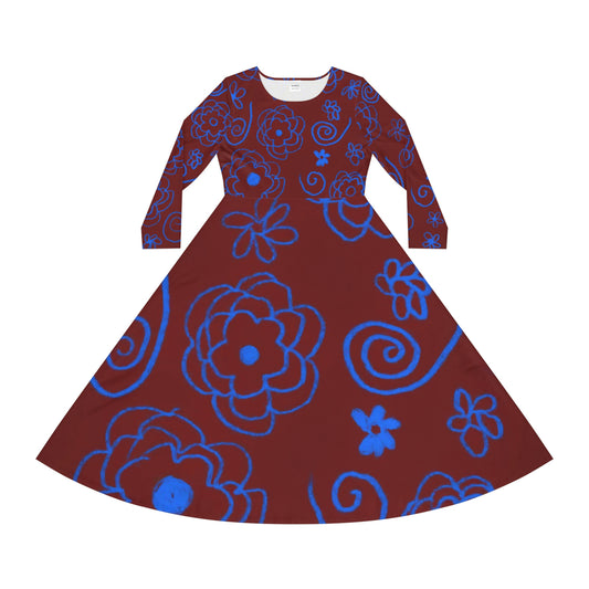 Blue Flower Drawing Women's Long Sleeve Dance Dress