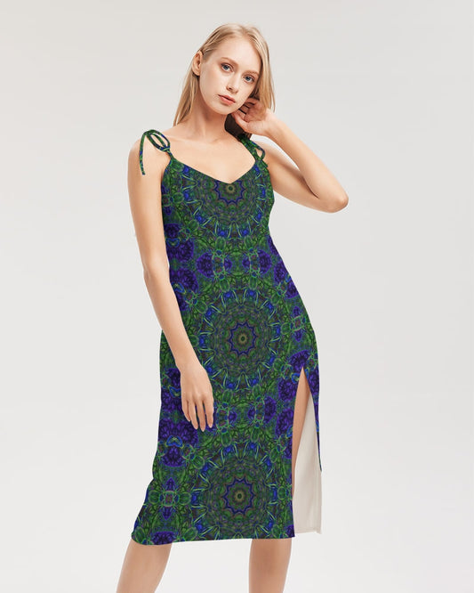 blue Green Ribbon Kaleidoscope Women's Tie Strap Split Dress