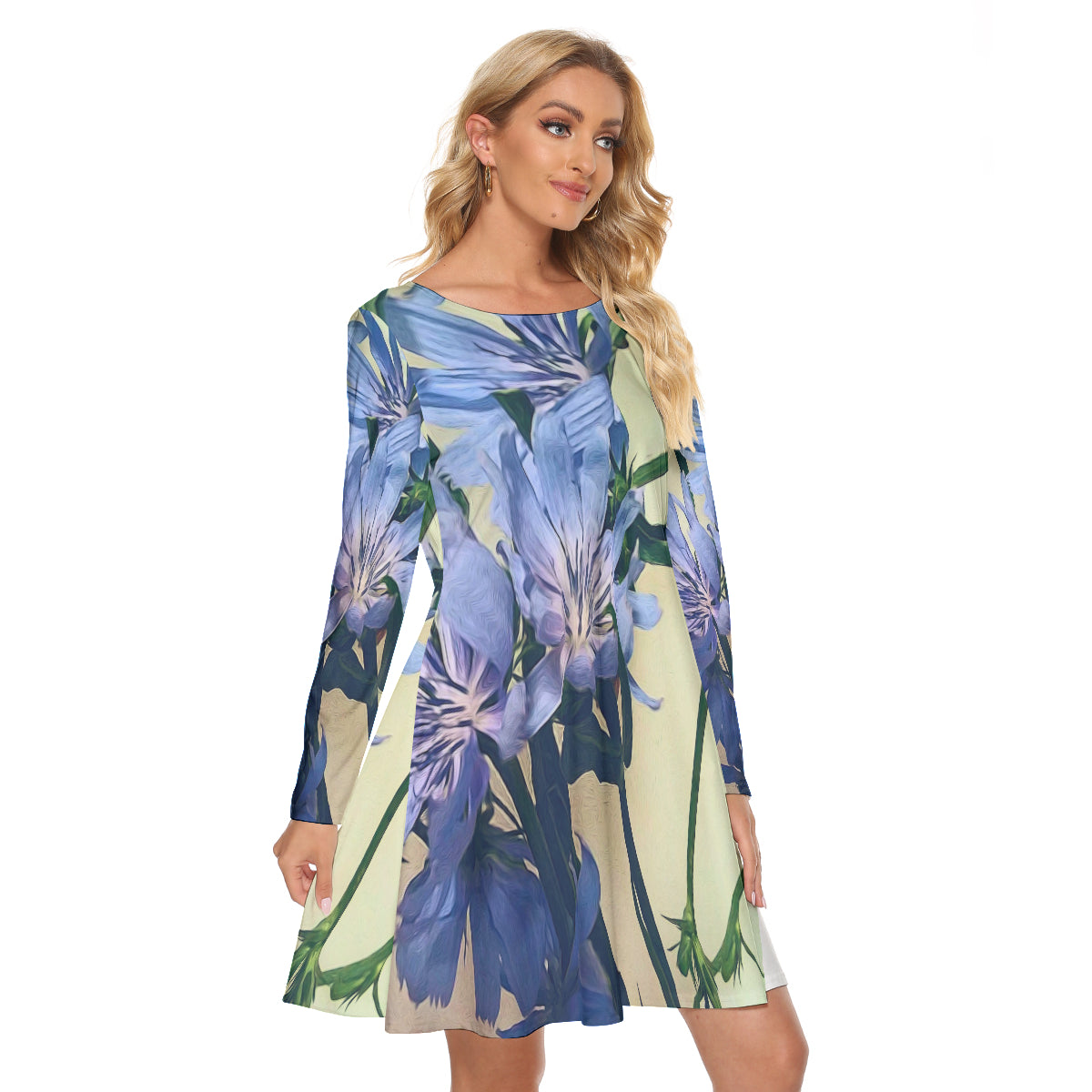 Blue Wildflower All-Over Print Women's Crew Neck Dress