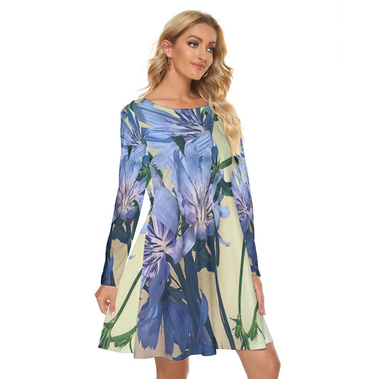 Blue Wildflower All-Over Print Women's Crew Neck Dress