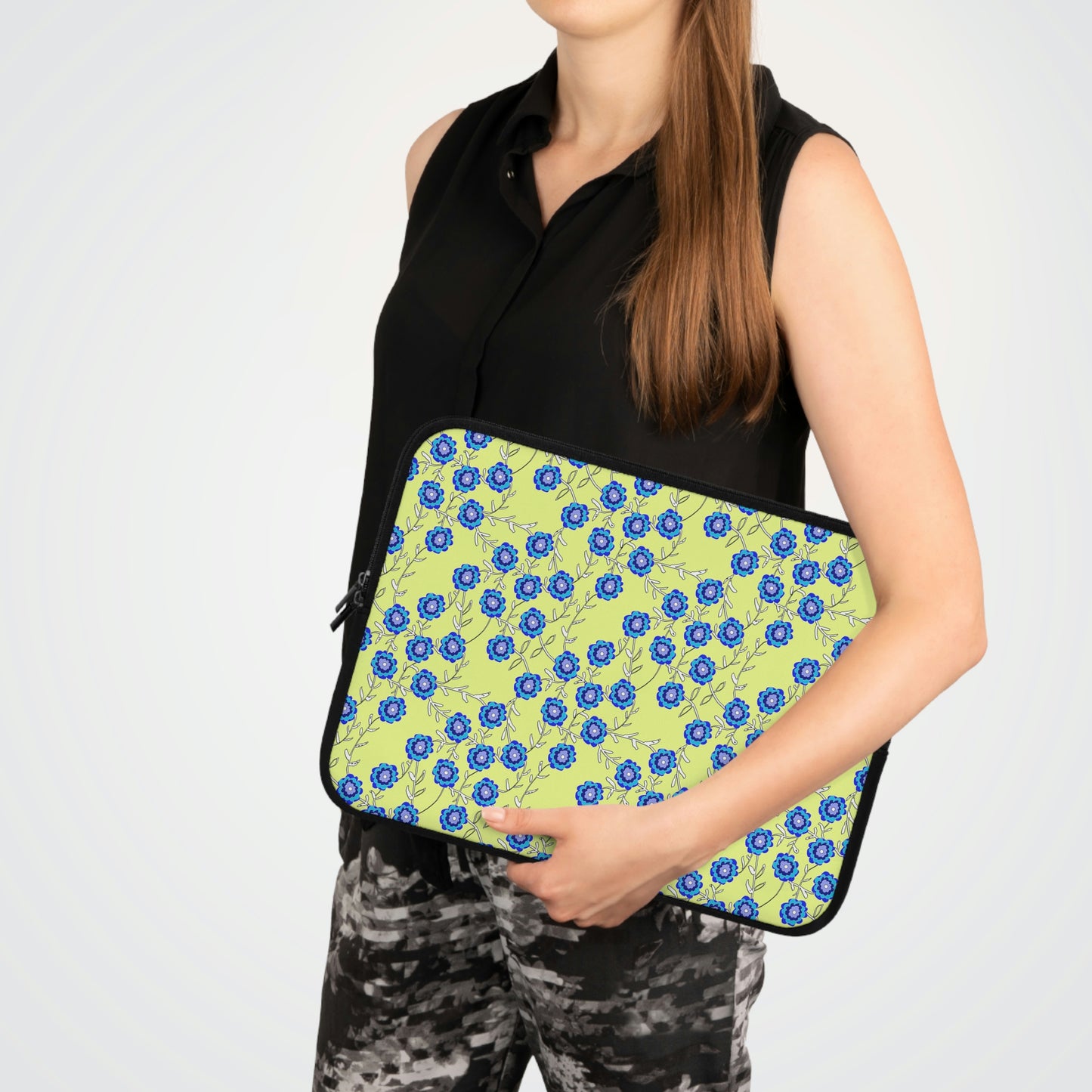 Blue Flowers On Yellow Laptop Sleeve