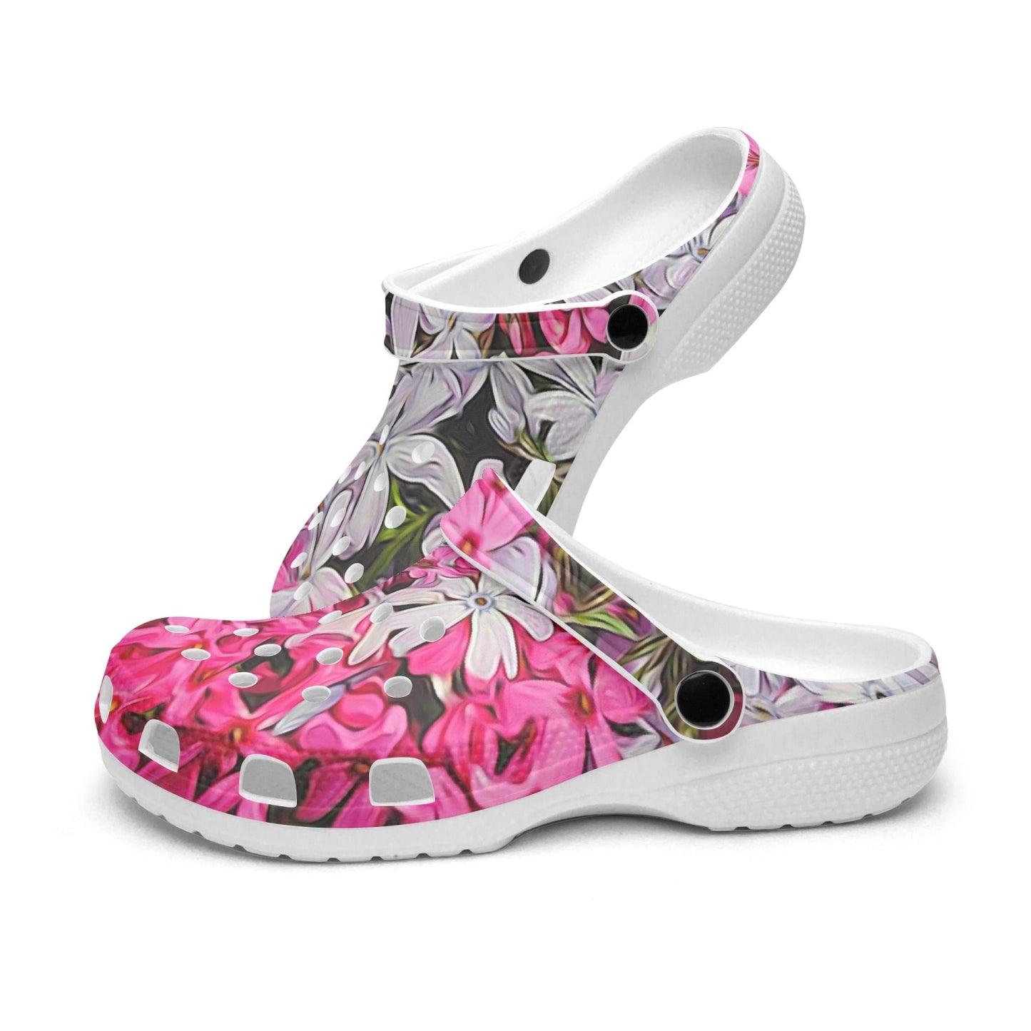 Pink and White Phlox 413. All Over Printed Clogs