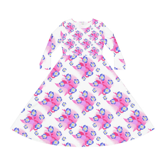 Blue Flowers on Pink Women's Long Sleeve Dance Dress