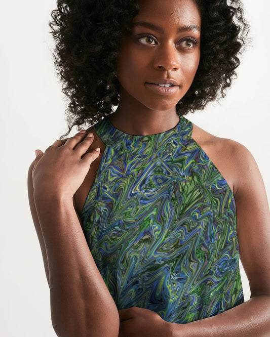Blue Green Liquid Marbling Women's Halter Dress